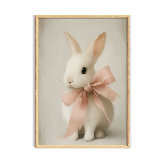 White bunny wearing a large soft pink bow on a neutral background.