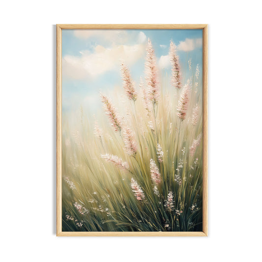 Soft meadow grasses and pale wildflowers beneath a bright blue sky.