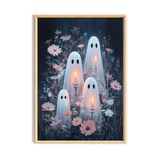 Four small glowing ghosts among pink and blue flowers on a dark background.