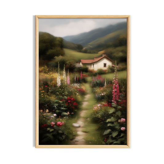 Flower-lined cottage garden path leading to a small country house in green hills.