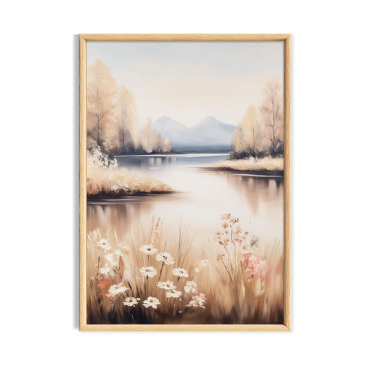 Peaceful lake with white daisies, soft reeds and distant pale mountains.