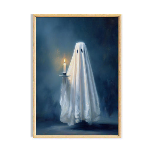 White ghost holding a glowing candle against a deep blue night background.
