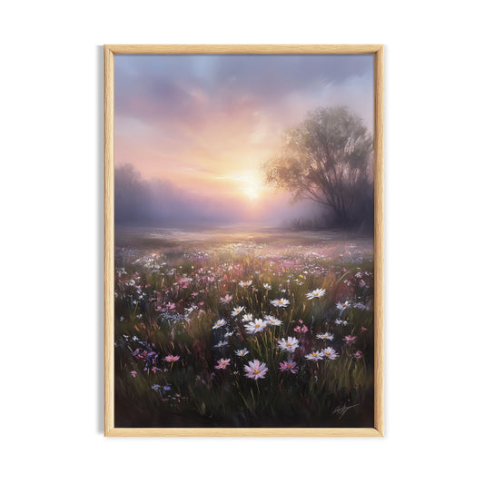 Wildflower meadow glowing beneath a soft purple and gold sunset.