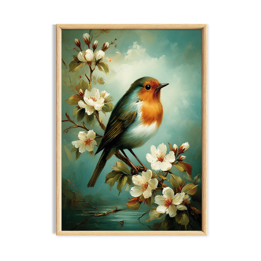 Robin perched among white flowering branches against a turquoise sky.