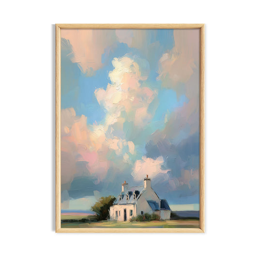 Small white country church beneath large pastel peach and blue clouds.