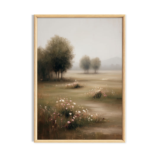 Muted country meadow with scattered wildflowers and softly fading trees.