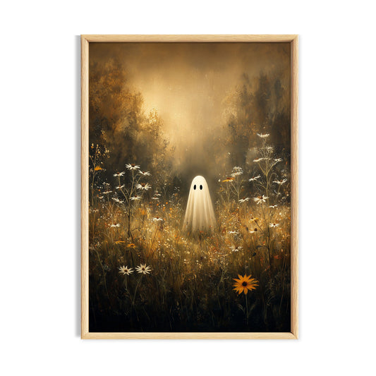 Tiny white ghost standing in a dark golden woodland clearing.