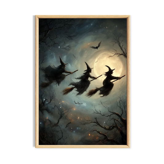 Silhouetted witches flying on broomsticks across a large moon in a dark woodland sky.