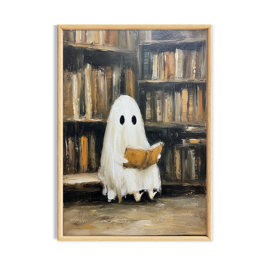 Small white ghost reading a book in front of a cosy vintage library.