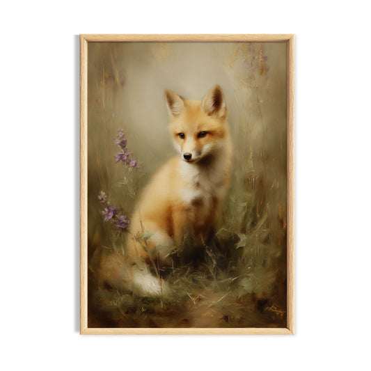 Young red fox sitting among soft grasses and small purple wildflowers.