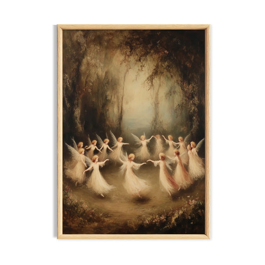 Circle of little white ghosts dancing together in a dark enchanted woodland.