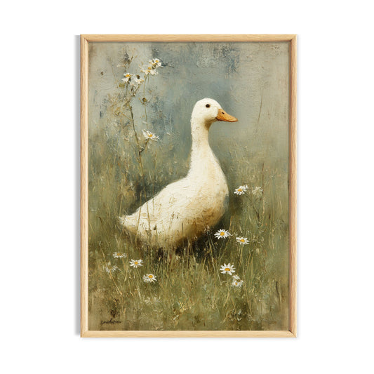 White goose standing quietly among small meadow flowers on a soft blue-grey background.