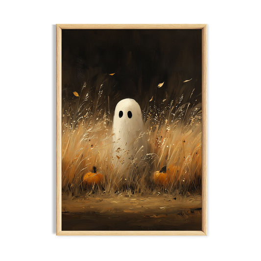Little white ghost drifting through a golden autumn field beside small pumpkins.