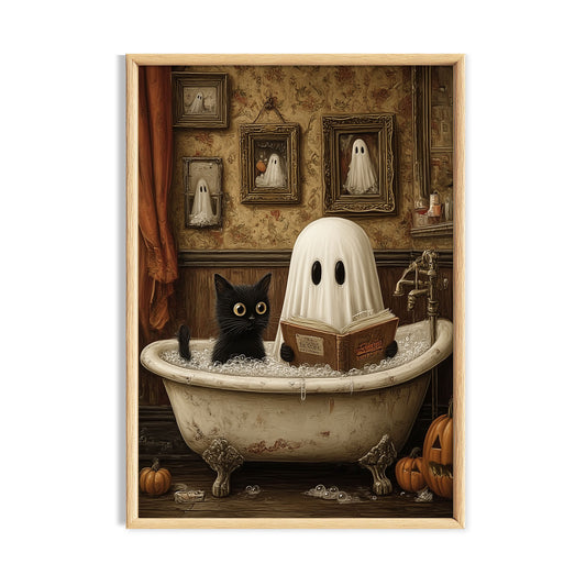 White ghost and black cat sharing a vintage claw-foot bath in a cosy room.
