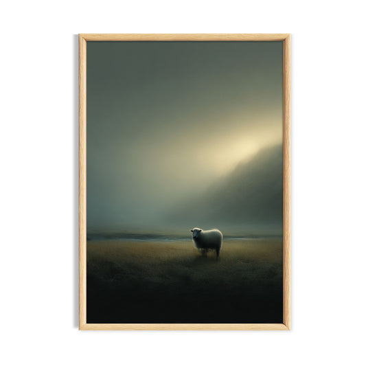 Lone sheep standing in a dark misty field beneath a narrow beam of light.