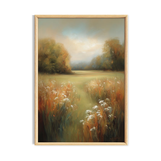Golden country meadow dotted with soft wildflowers and distant trees.