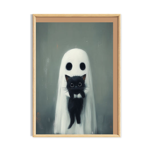 Minimal white ghost holding a small black cat on a muted blue-grey background.