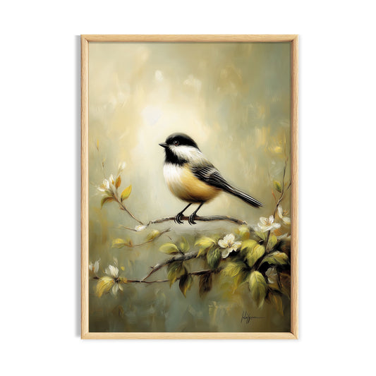 Small black-capped songbird perched on a leafy branch in soft golden light.