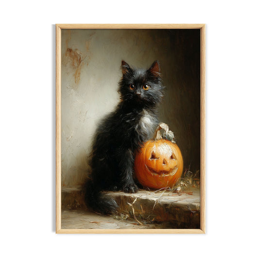 Fluffy black cat sitting beside a carved orange pumpkin in a warm autumn scene.