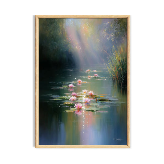 Pink water lilies floating on a dark reflective pond beneath soft rainbow light.