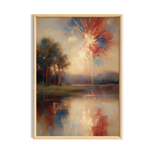 Painterly autumn landscape reflected in still water beneath a glowing sky.