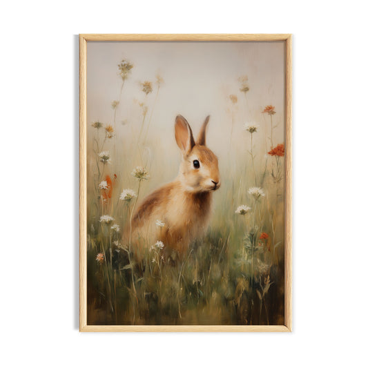 Brown rabbit sitting among soft meadow flowers on a pale neutral background.