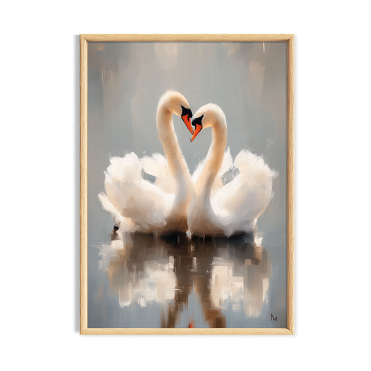 Two white swans touching beaks with heart-shaped necks reflected in calm water.