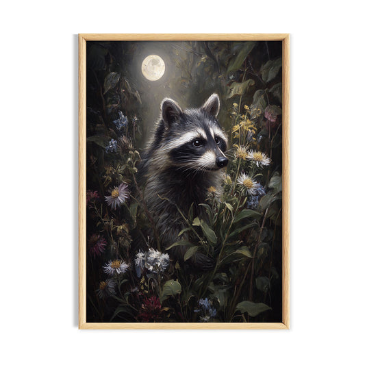 Raccoon portrait among dark wildflowers beneath a bright full moon.