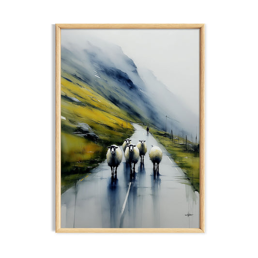 Small flock of sheep walking along a wet mountain road beneath misty green slopes.