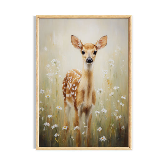 Young spotted fawn standing among white daisies on a soft cream background.