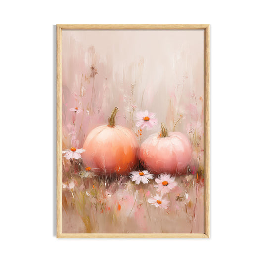 Two soft pink pumpkins resting among pale daisies in a pastel autumn meadow.
