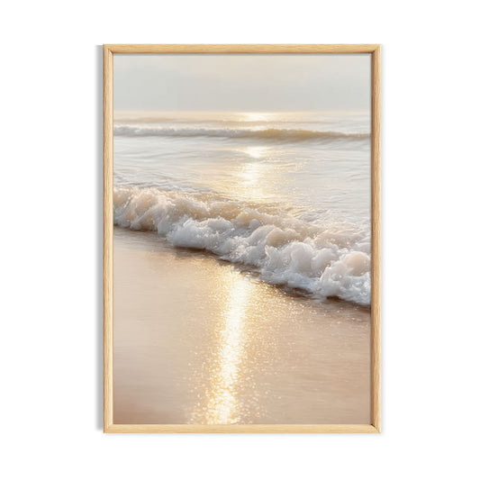 Gentle ocean wave washing onto a sunlit sandy beach.