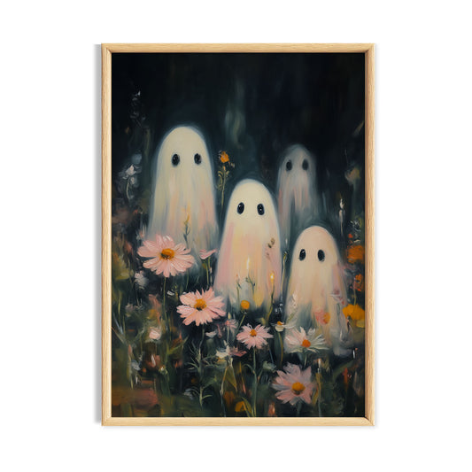Family of four small white ghosts standing among dark daisies and woodland flowers.