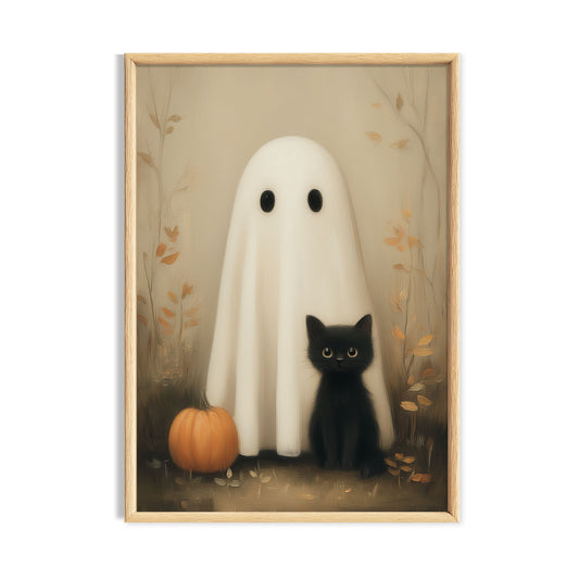 Friendly white ghost beside a black cat and small pumpkin on a soft neutral background.