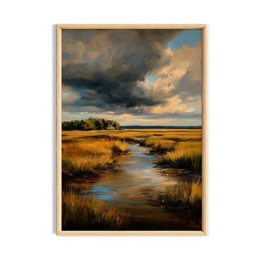 Moody golden marshland with a winding stream beneath dramatic clouds.