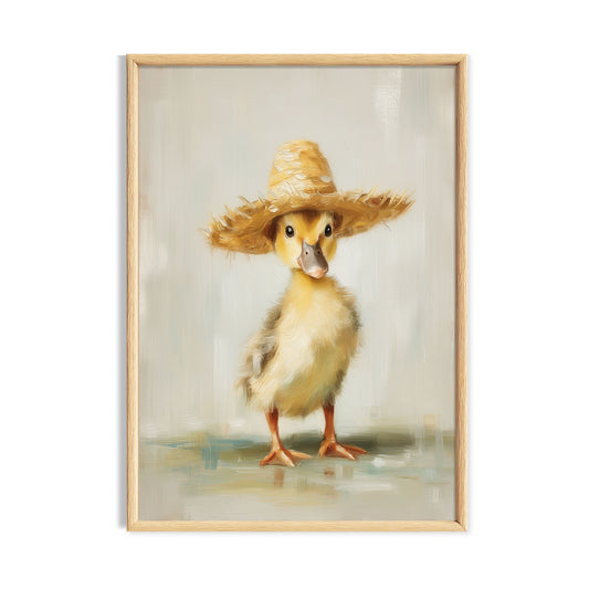Cute duckling wearing a rustic straw hat on a pale neutral background.