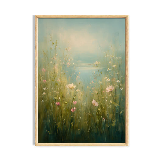 Soft pastel meadow with delicate wildflowers beneath a hazy blue sky.