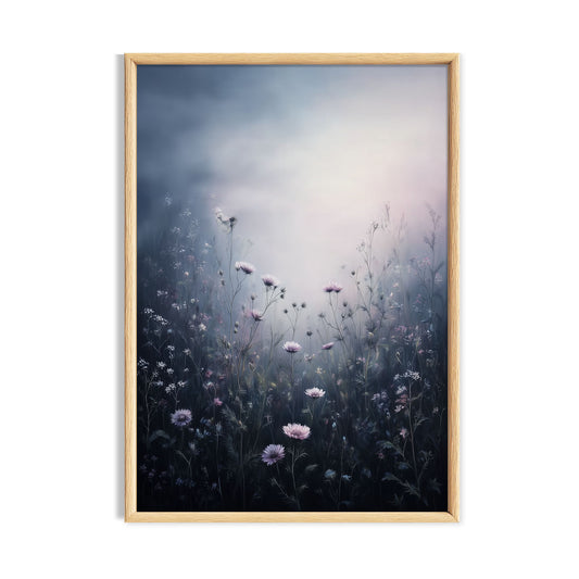 Misty blue meadow filled with delicate dark and pale wildflowers.
