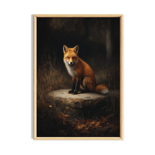 Red fox sitting quietly in a dark woodland clearing.