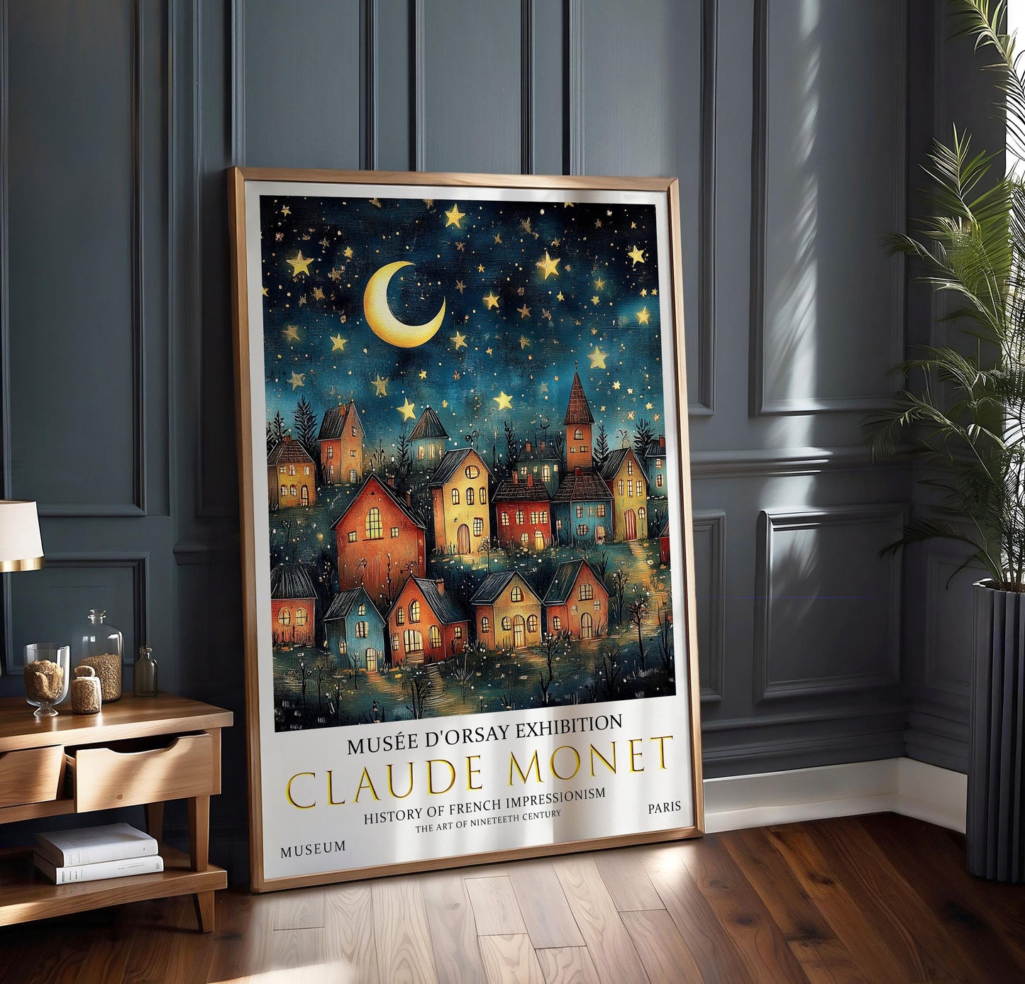 Vintage Moon & Stars Poster – Claude Monet Night Village Wall Art