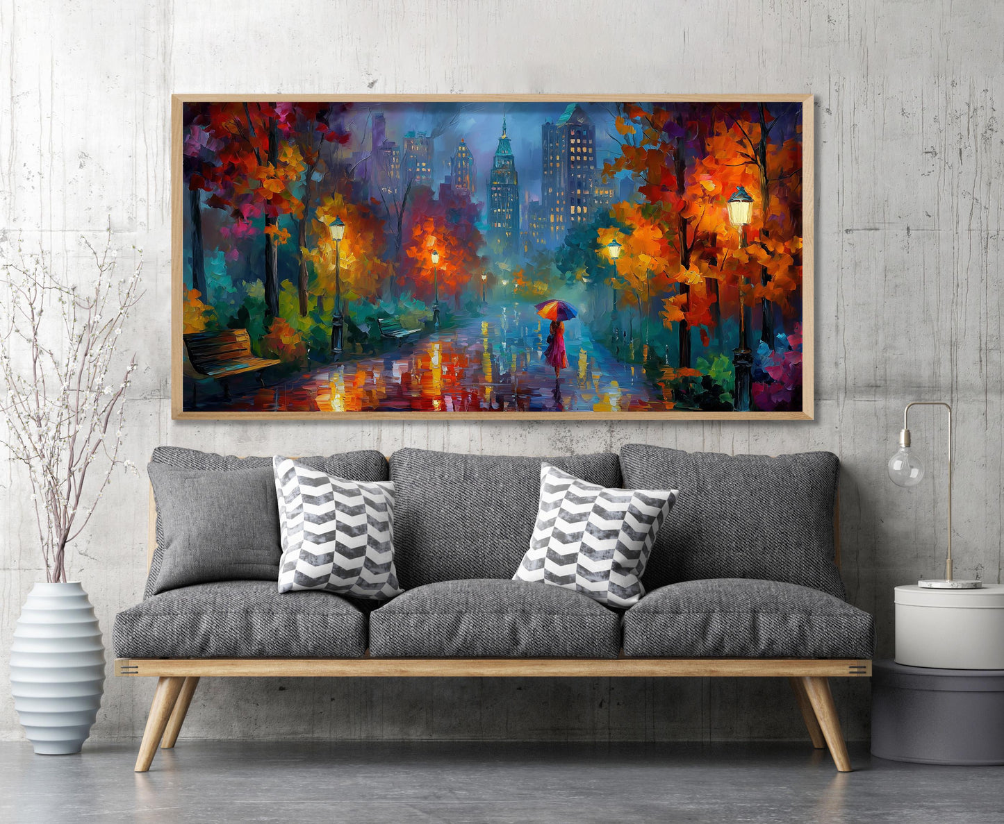 New York Panoramic Print – Rainy City Wall Art – Impressionist Oil Painting