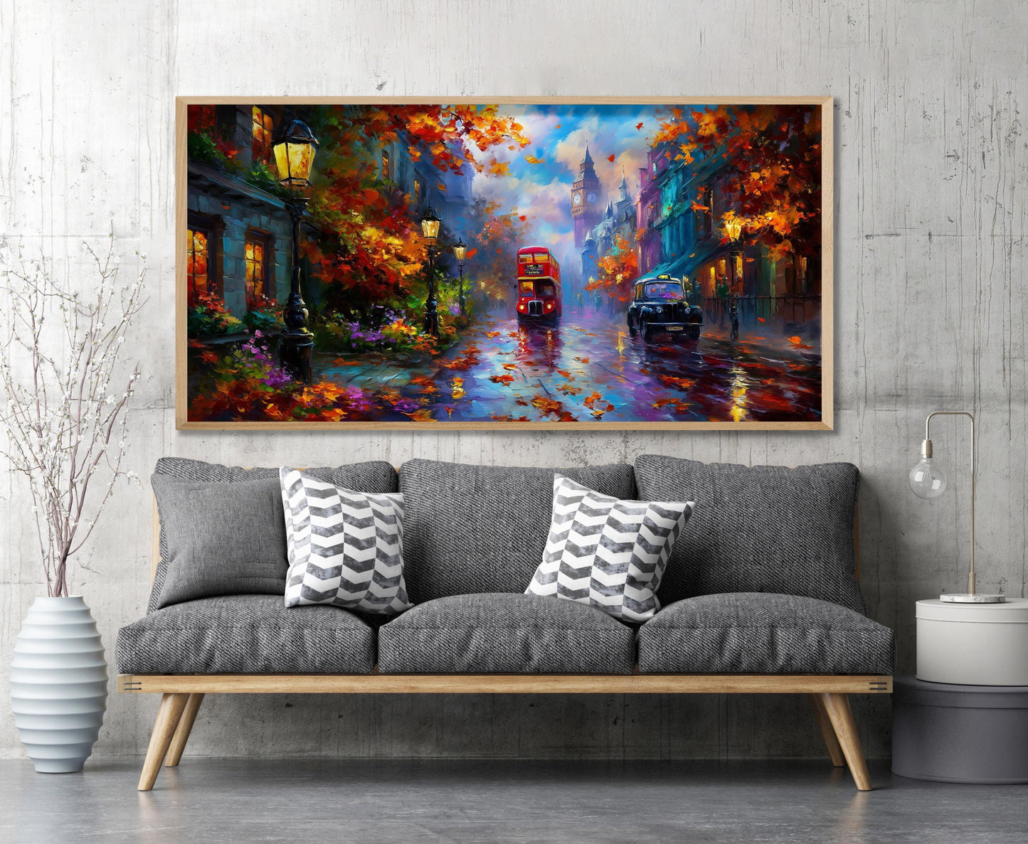 London Bus Art Print – Big Ben Wall Art – Rainy London Panoramic Print