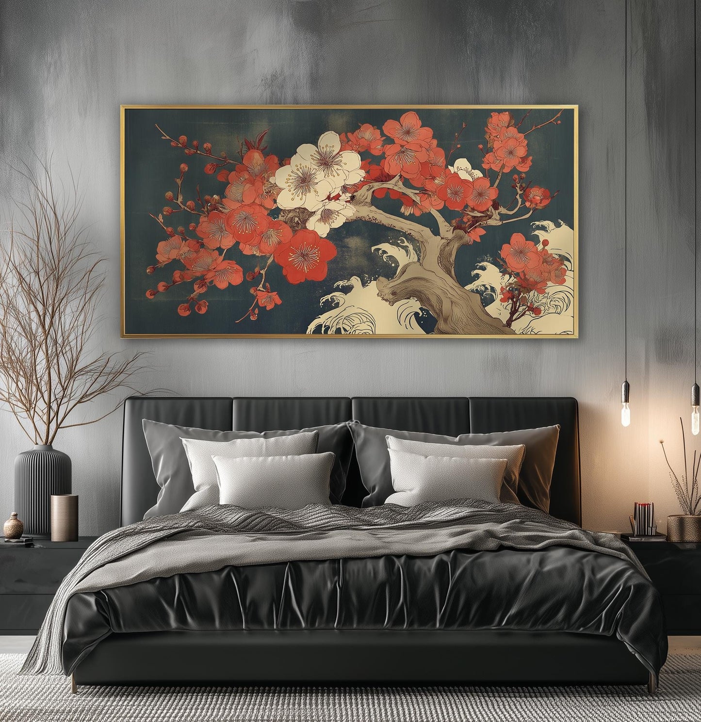 Japanese Plum Blossom Panoramic Print: Vintage Ukiyo-e Ocean Wave Art