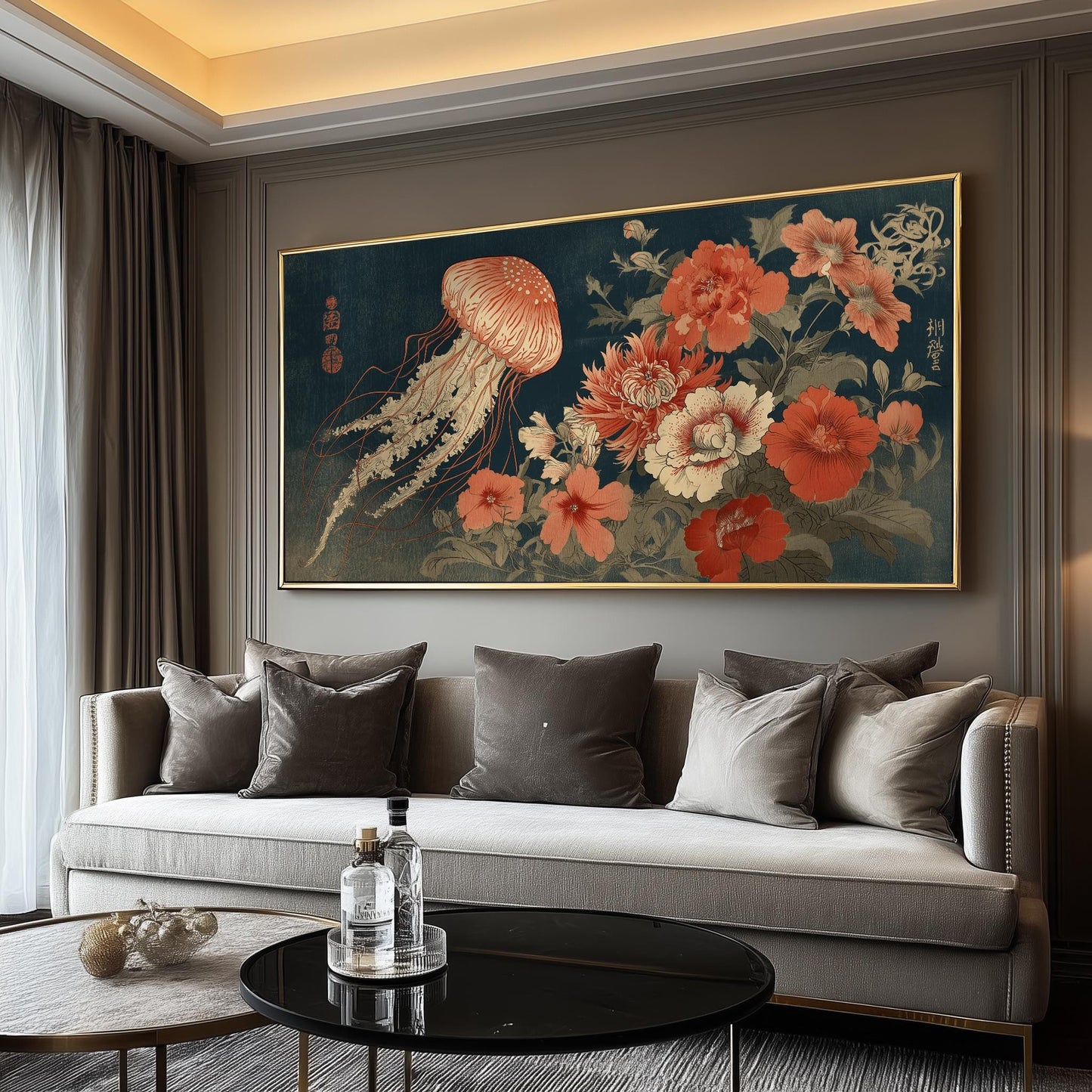 Jellyfish Poster, Ukiyo-e Floral Art, Japanese Panoramic Print