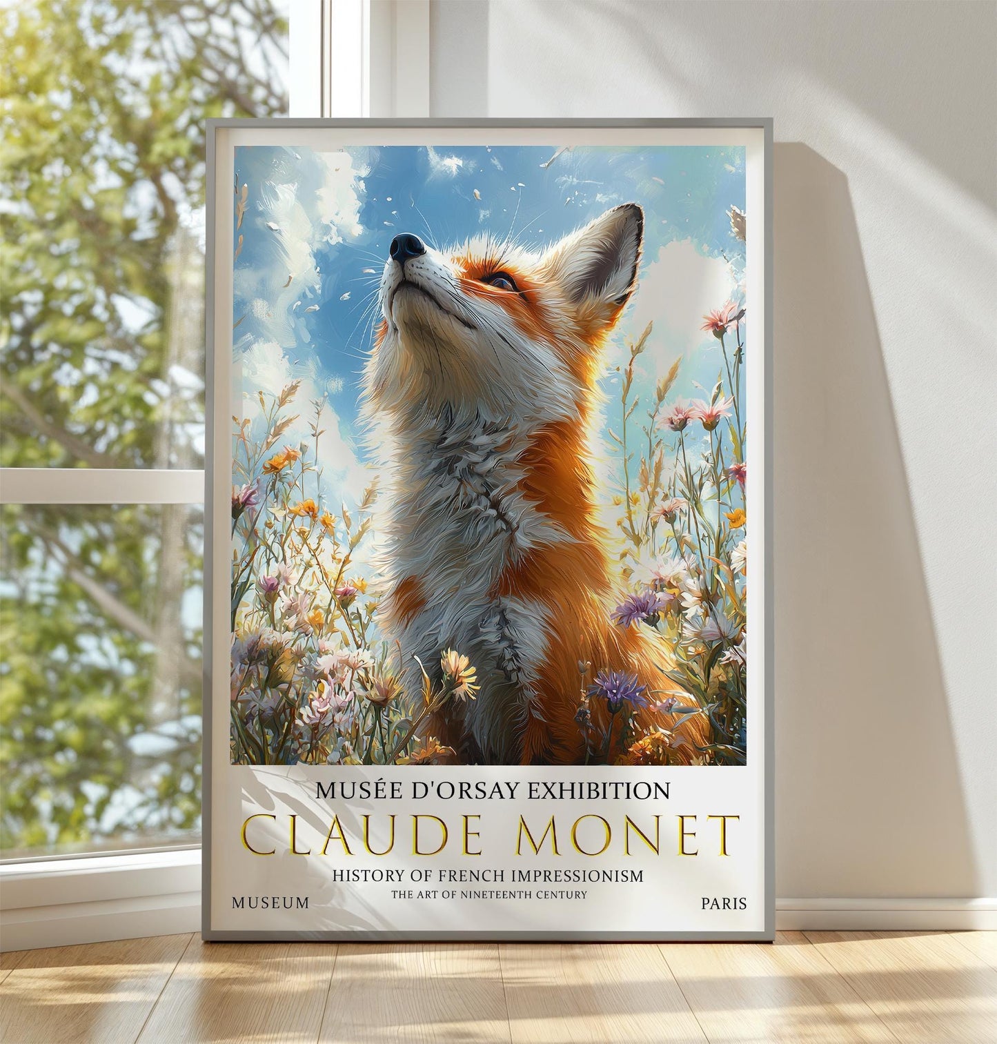 Print, Monet-Inspired Fox in Meadow, Vintage Impressionist Wall Art