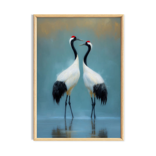 Two red crowned cranes facing each other on a soft blue background bird wall art