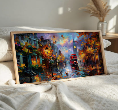 London Panoramic Print, Big Ben Wall Art, Red Bus Art Print, Rainy London Street Art, Impressionist Oil Painting