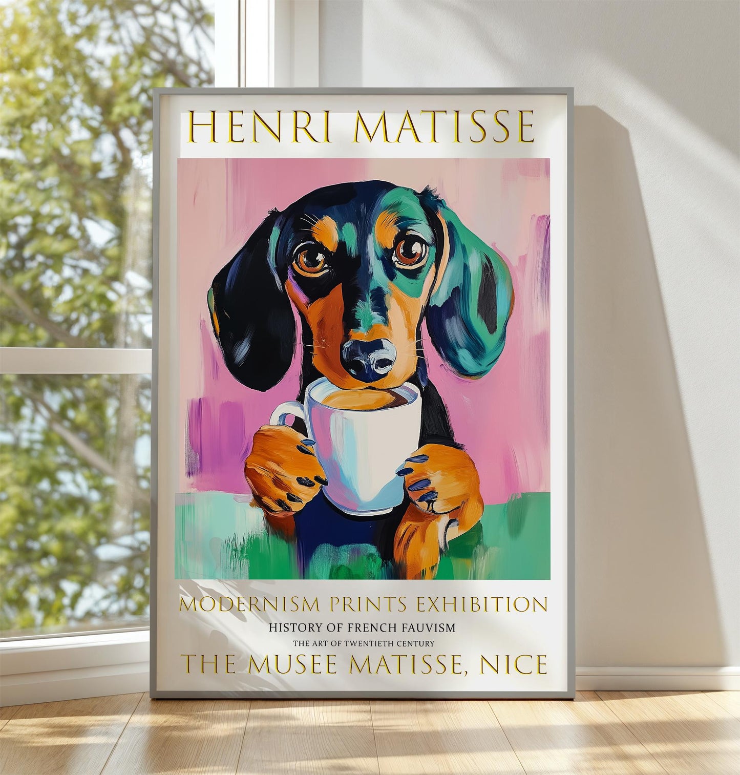 Matisse Style Dachshund Poster, Colourful Coffee Dog Wall Art Print