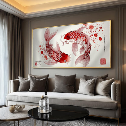Print: Red Koi Fish, Japanese Watercolour Yin Yang Panoramic Wall Art