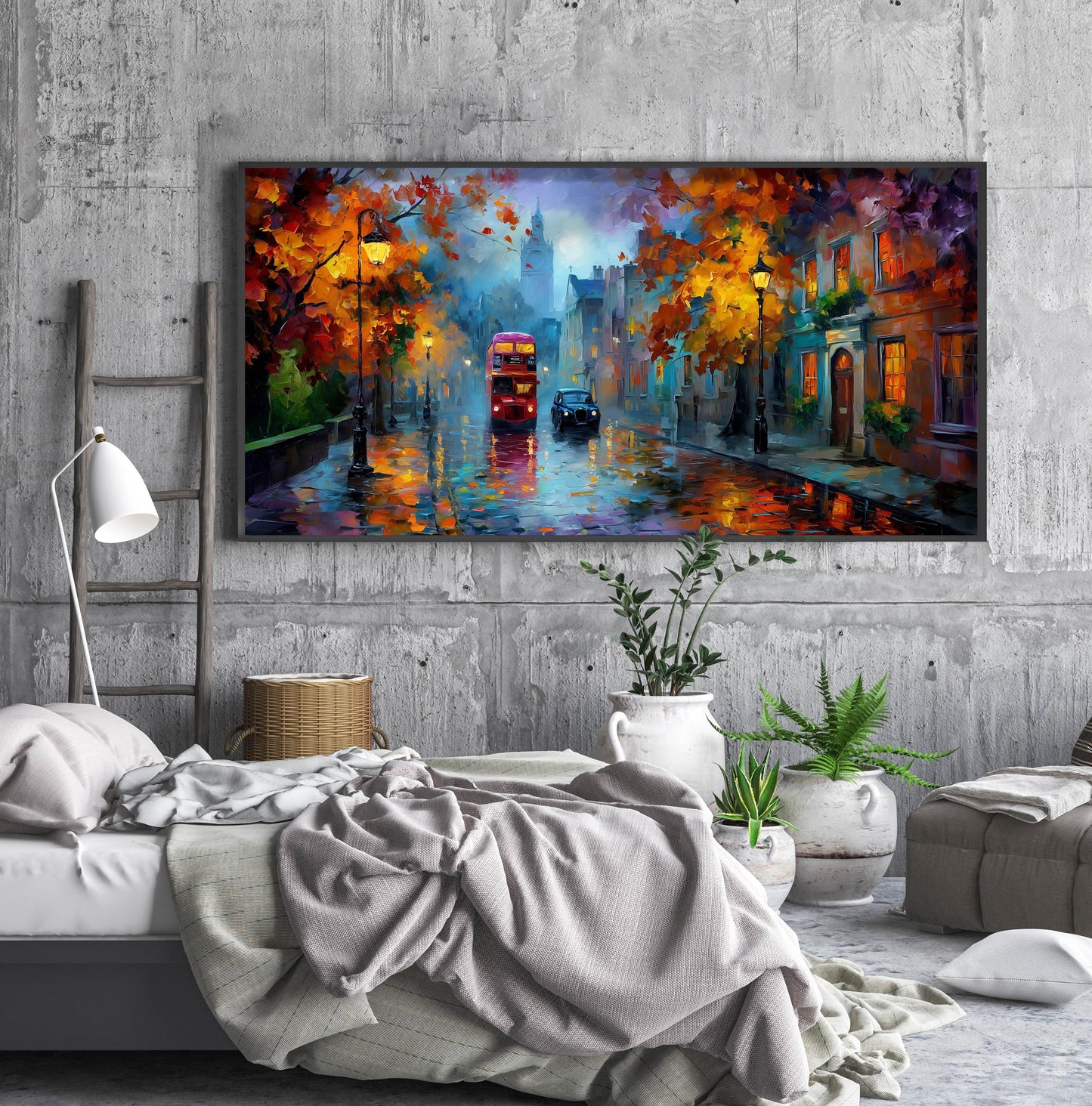 London Bus Art Print – Rainy London Wall Art – Panoramic Cityscape